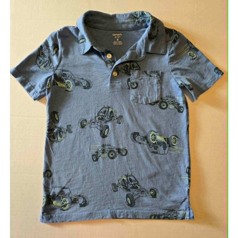 Carters Kid Boys Blue Dune Buggy Off-Road Vehicle Print Cotton Polo Shirt Size 8